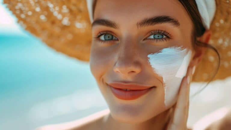 A person wearing a straw hat smiles while applying sunscreen to their face at the beach, embracing the prevention of skin cancer.