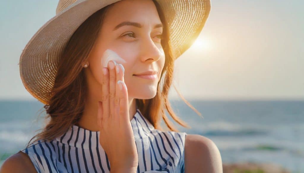 Woman in a striped sleeveless top and straw hat applies sunscreen to her face while standing outdoors near the beach, protecting herself from skin cancer risk in the bright sunlight.
