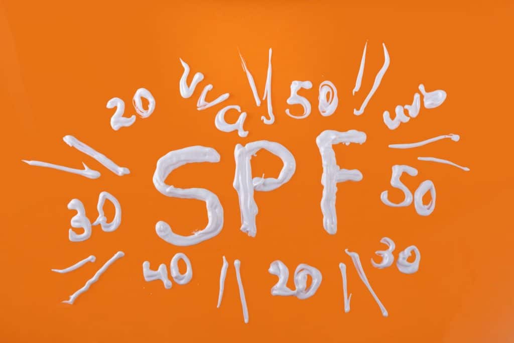 SPF written in sunscreen on an orange background, surrounded by numbers 20, 30, 40, and 50, along with text "UVA" and "UVB," highlights the risk of sun exposure and the type of SPF to choose based on skin type and activity.