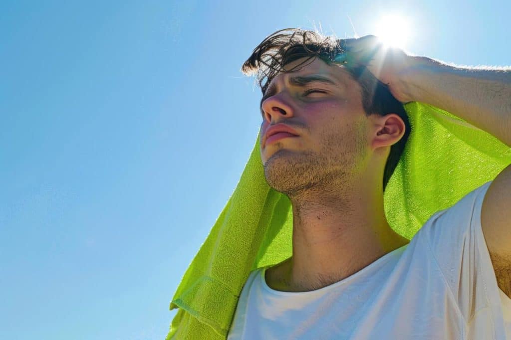A man with a green towel over his head stands outside under a bright sun, squinting and looking upward to protect himself from the risk of skin cancer, wearing a white shirt against a clear blue sky.