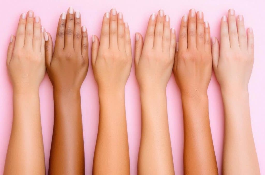 Five hands with varying skin types and colour are shown side by side on a pink background, all with fingers extended and palms facing down. Skin cancer risks.