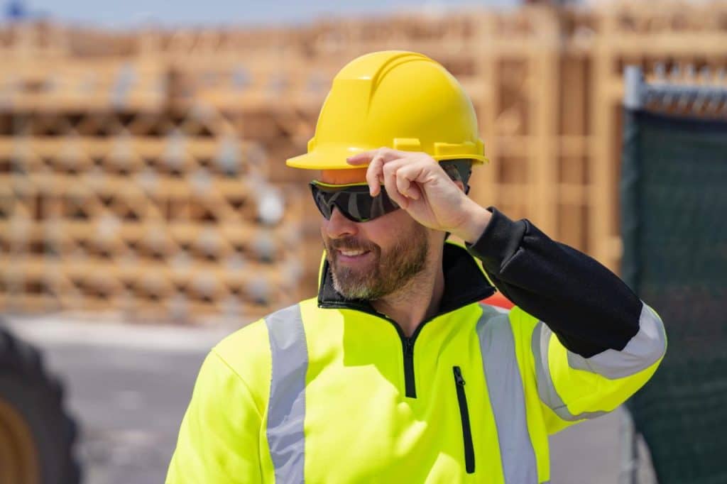 A man wearing a yellow hard hat, high-visibility UV protective jacket, and UV blocking sunglasses stands outdoors at a construction site, adjusting his helmet—a reminder of sun safety for outdoor workers facing skin cancer risk.