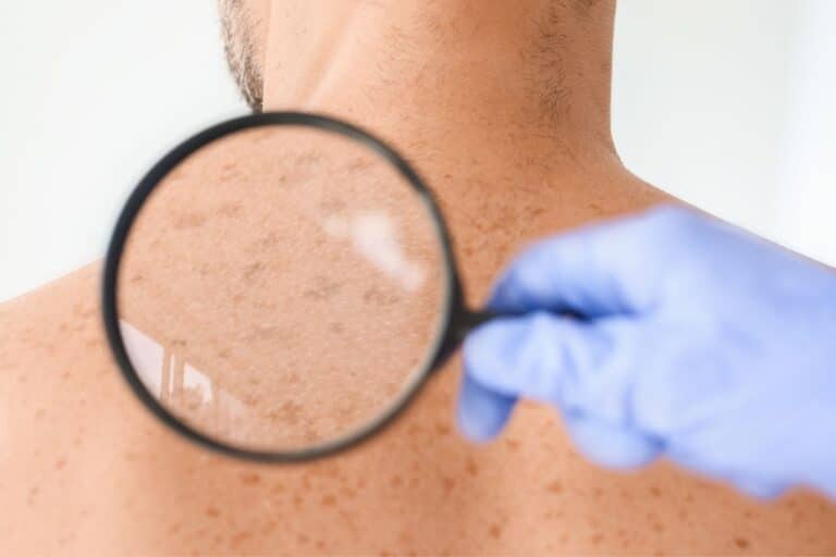 A gloved hand holds a magnifying glass over the skin on a person's back, showing multiple dark spots or moles—an important step in skin cancer prevention and monitoring for signs of extensive photodamage.