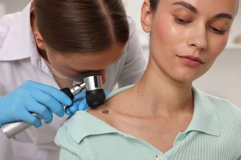 A healthcare professional examines a mole on a woman's shoulder with a dermatoscope to check for signs of Bowen's Disease, also known as Intraepidermal Carcinoma.